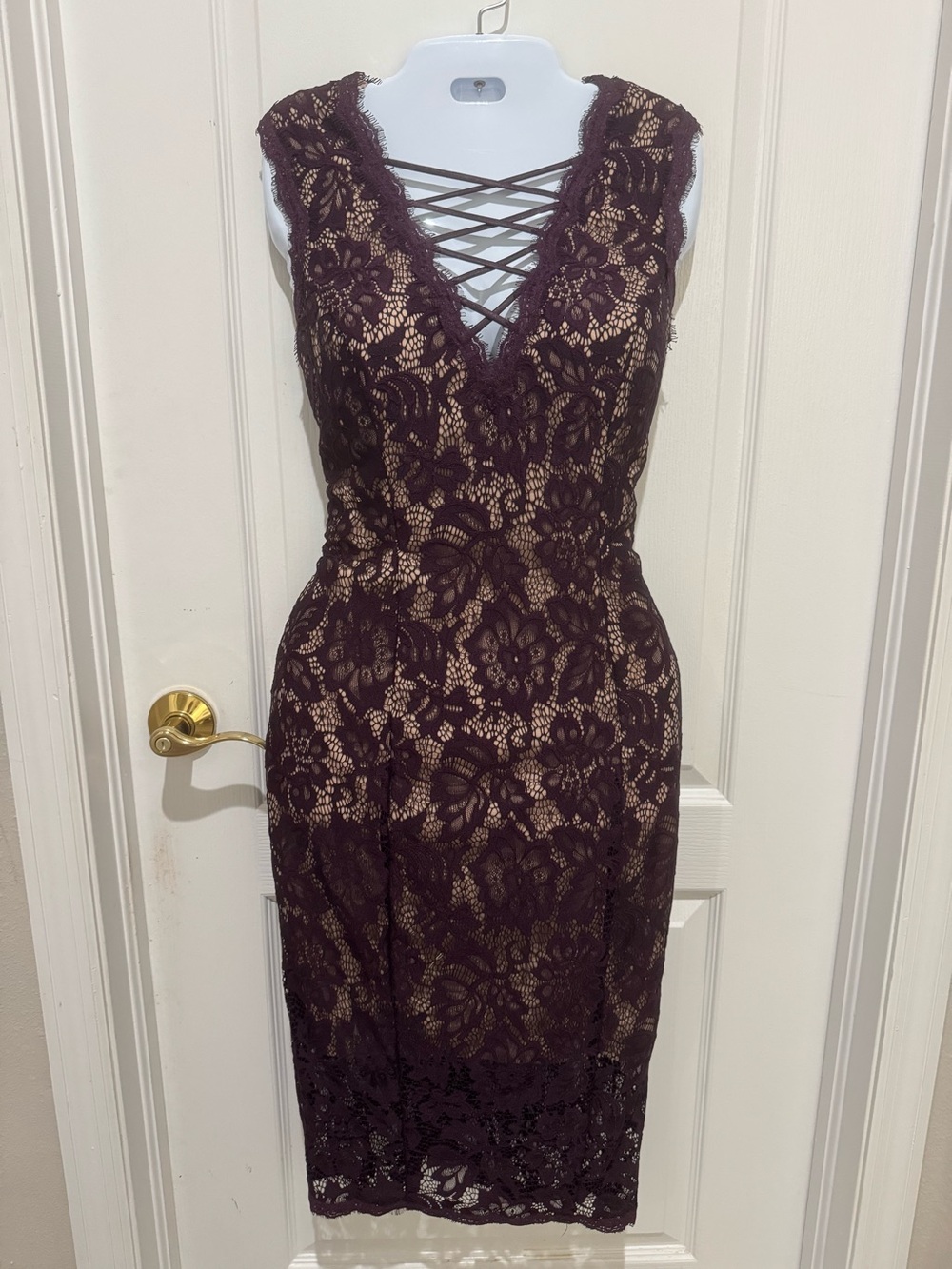 Betsy & Adam Wine Lace Midi Dress with Nude Underlay